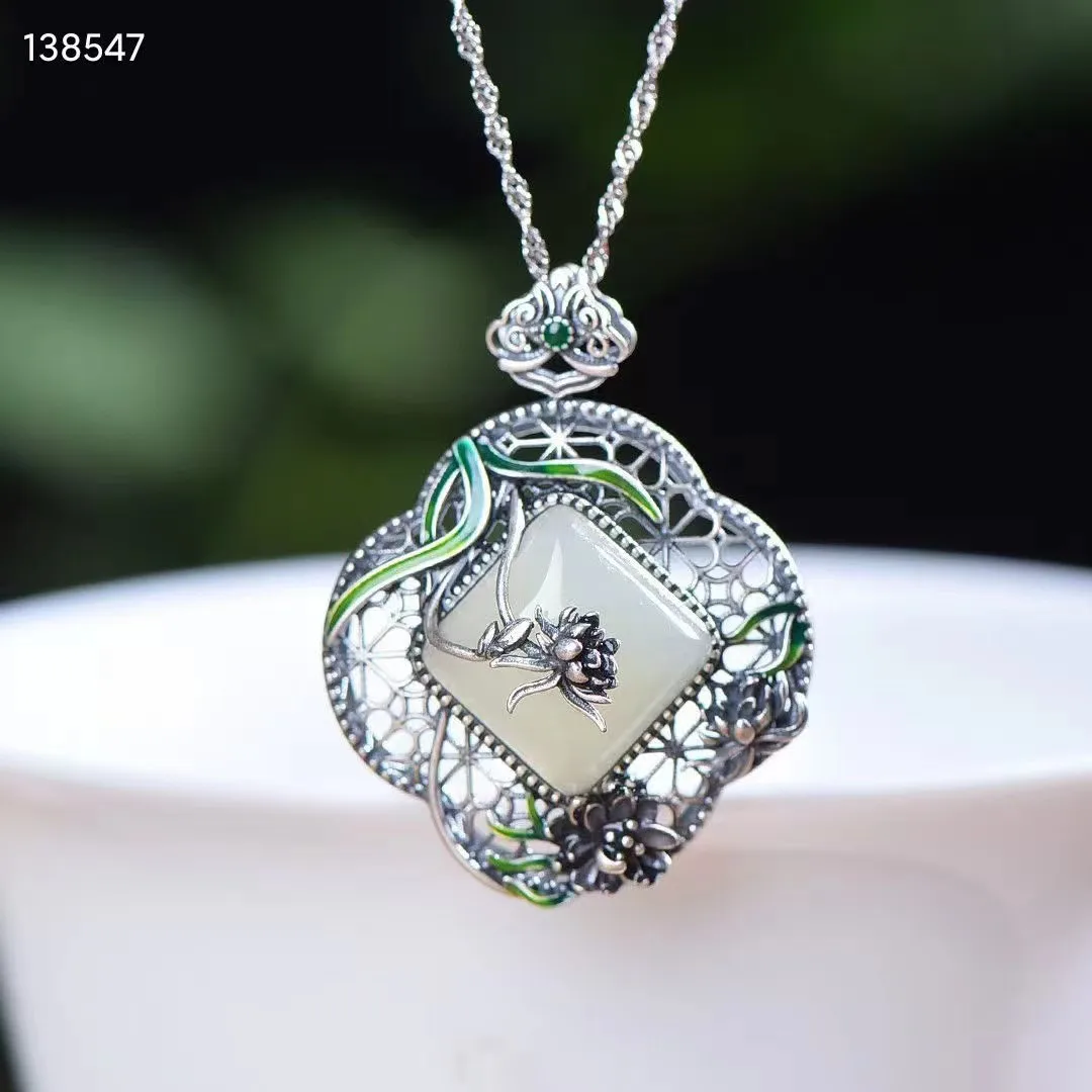 Женское ожерелье из серебра 100% пробы с мозаикой белого нефрита