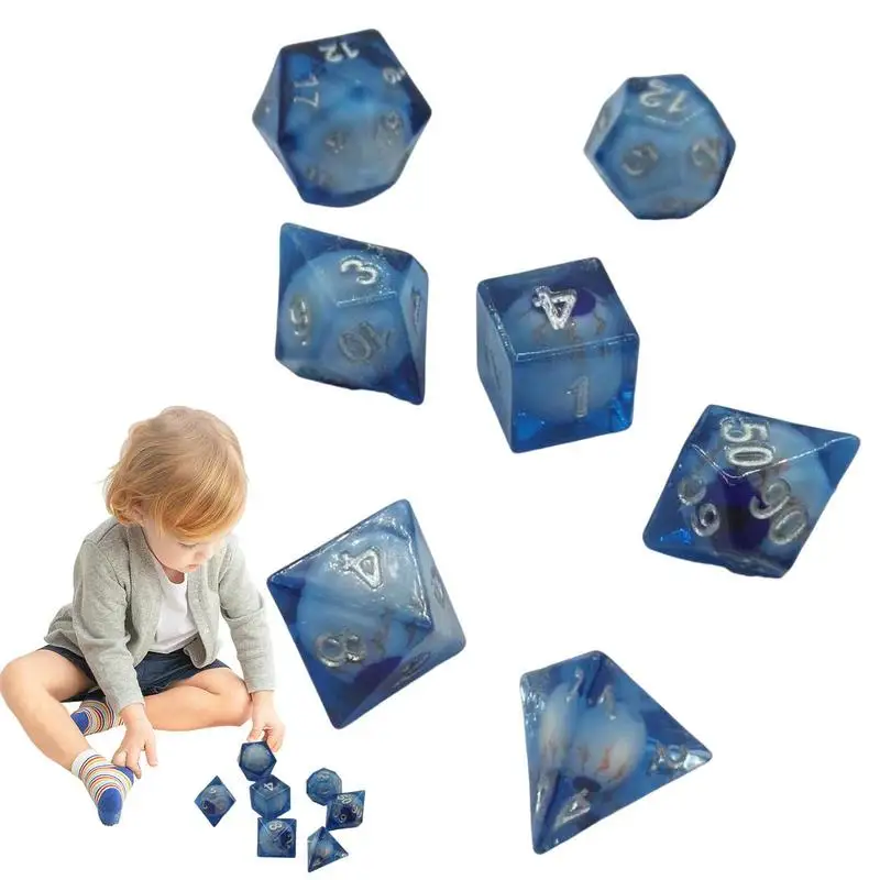 

New 7Pcs/Set Blue Resin Moving Eye Dice Polyhedral Shape Digital Dice Board Game Toys for Children Halloween Parties Gifts