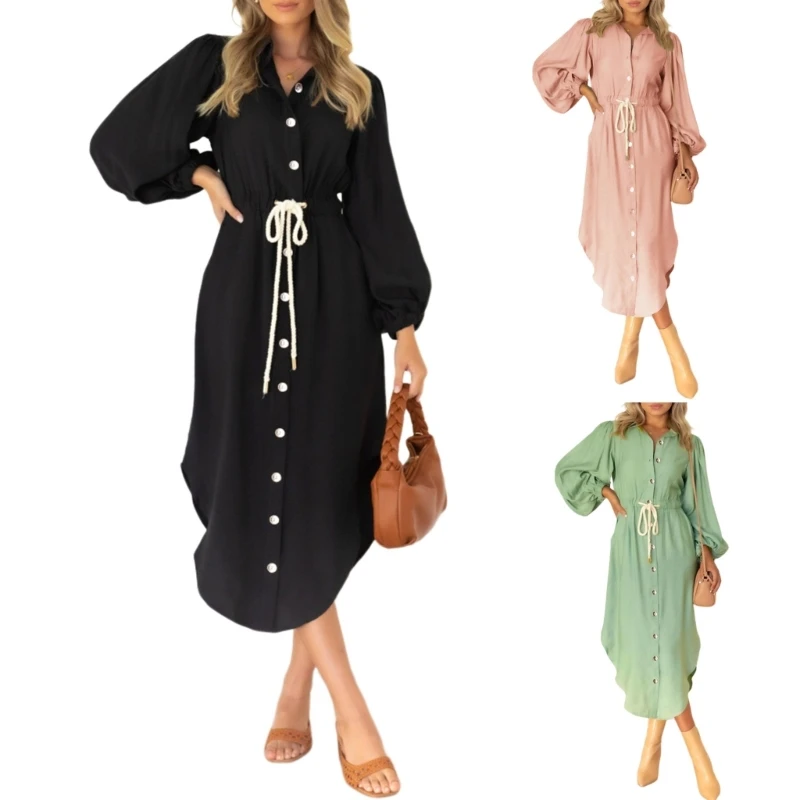 

2022 Ladies Fashion Autumn/Winter Shirt Dress Long Sleeve Front Button Designed Long Skirt Casual Loose Fit Dress