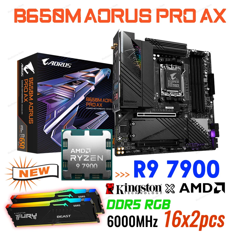 

Gigabyte B650M AORUS PRO AX Motherboard AM5 DDR5 128GB With AMD Ryzen 9 7900 CPU Combo Kingston DDR5 Memory 6000MHz 32GB RGB New