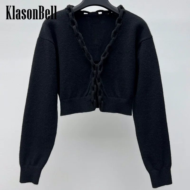 

11.10 KlasonBell Black Temperament Fashion V-Neck Chain Weave Decoration Crop Wool Knitted Cardigan Coat Women