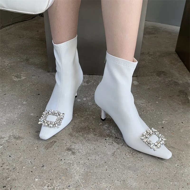 Fashion Women Ankle Boots Autumn Winter Stretch Shoes Rhinestone Crystal Buckle Thin Mid Heels Side Zipper High  Silver