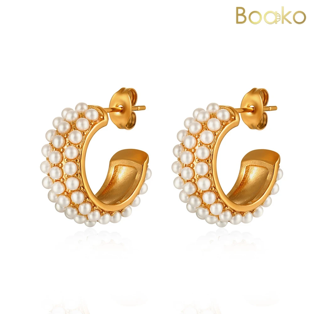 

BOAKO Elegant Snow White Pearls Beads Stainless Steel Fashion C-Shape Stud Earrings Charm 18k Gold Plated Trendy Jewelry Women