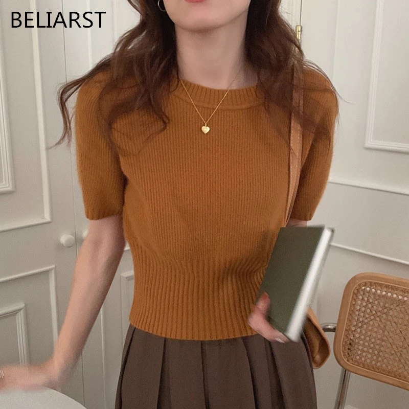 

BELIARST 100% Pure Wool Short-sleeved Women's O-Neck Pullover Slim Waist Sweater Spring and Summer New Cashmere Vest T-shirt