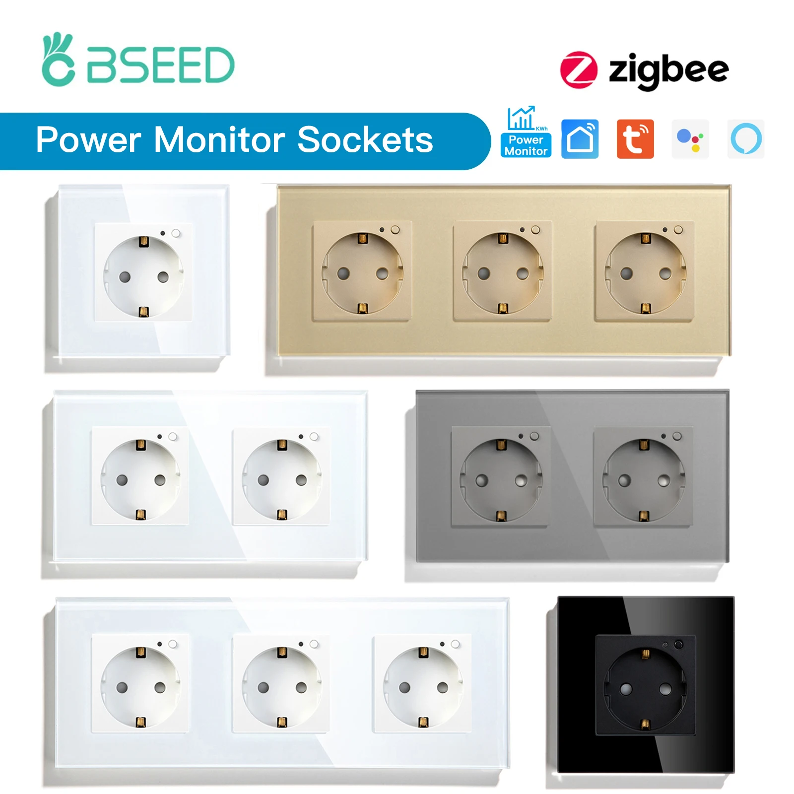 

BSEED Single ZigBee Energy Monitor Wall Sockets Double Smart Meter Sockets Google Smart Life App Control Alexa Triple Sockets EU