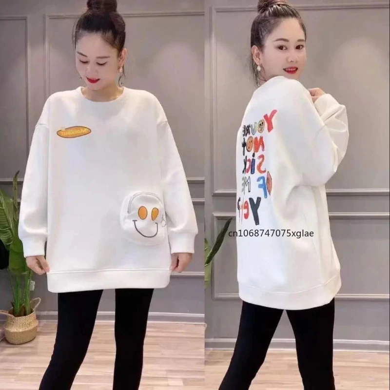 

Smiley Sweater Autumn/Winter New Style Ladies Smiley Pocket Letter Print Plus Fleece Hoodie Round Neck Casual Fashion Pullover