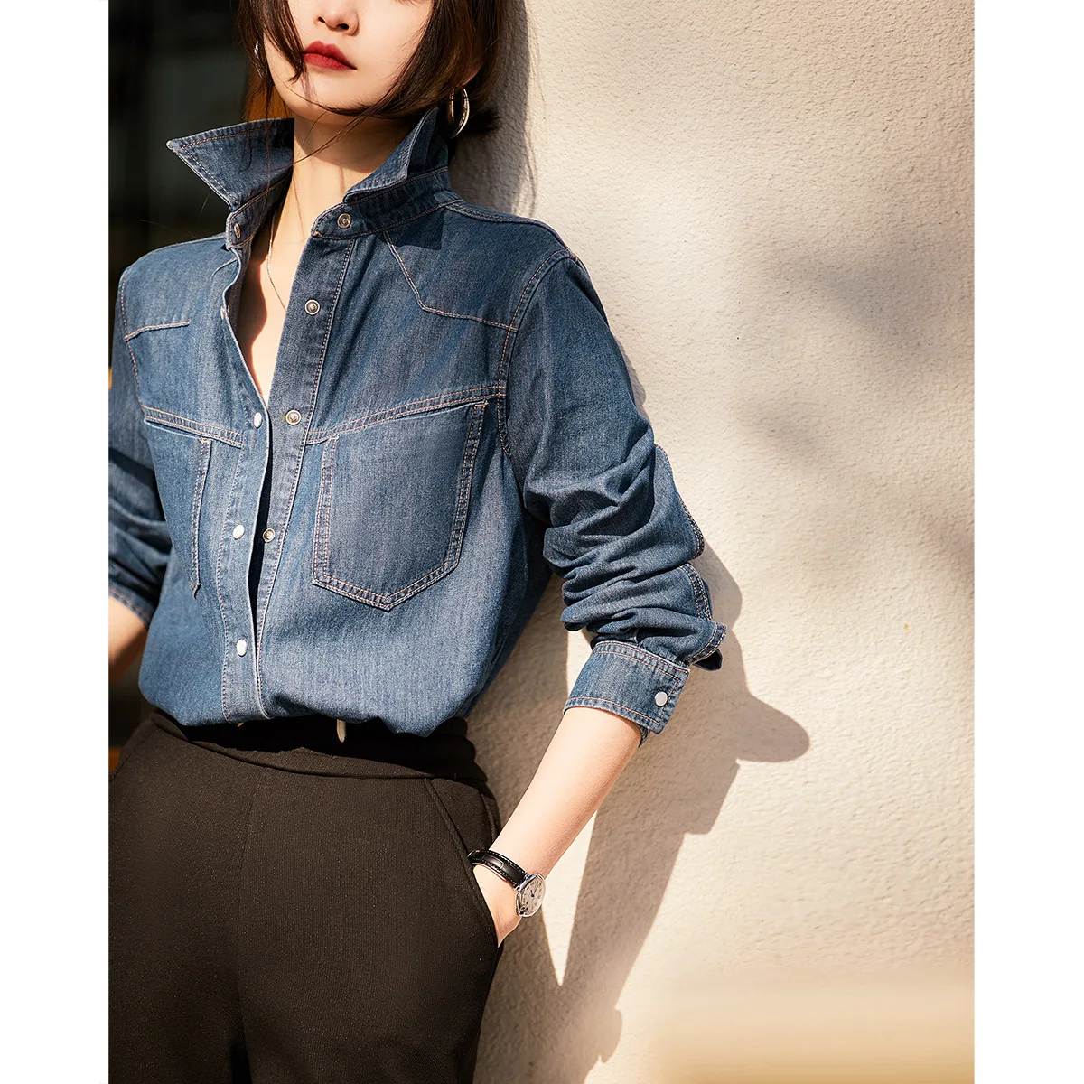 

Spring and Autumn 2023 New Style Commuter Casual Versatile Lapel Solid Denim Shirt