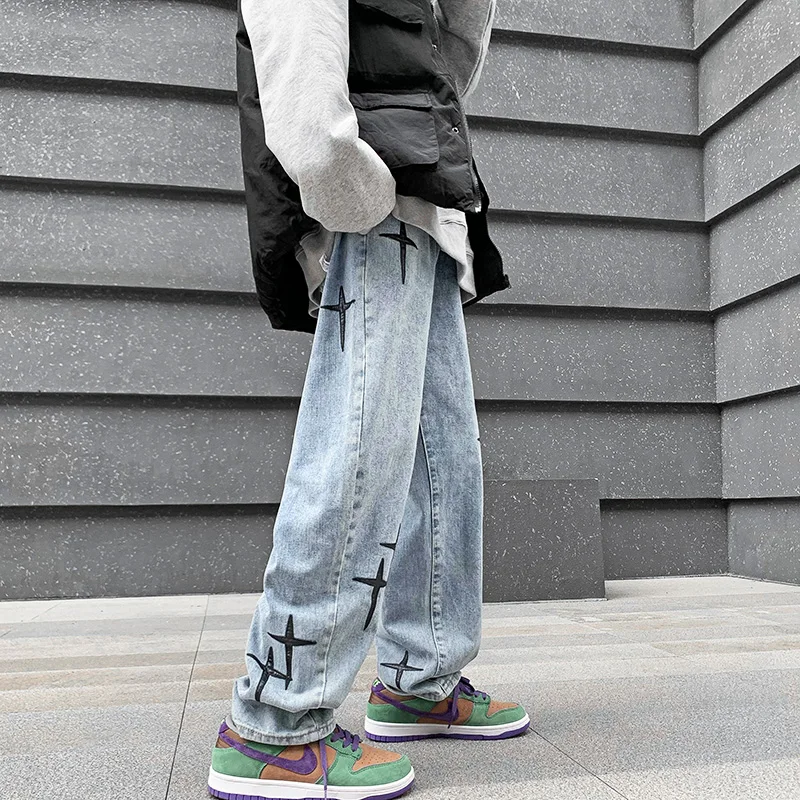 2022 Embroidered Jeans Men Straight Loose Wide-leg Pants  Korean Fashion High Street Hip Hop Style Men Casual Trousers
