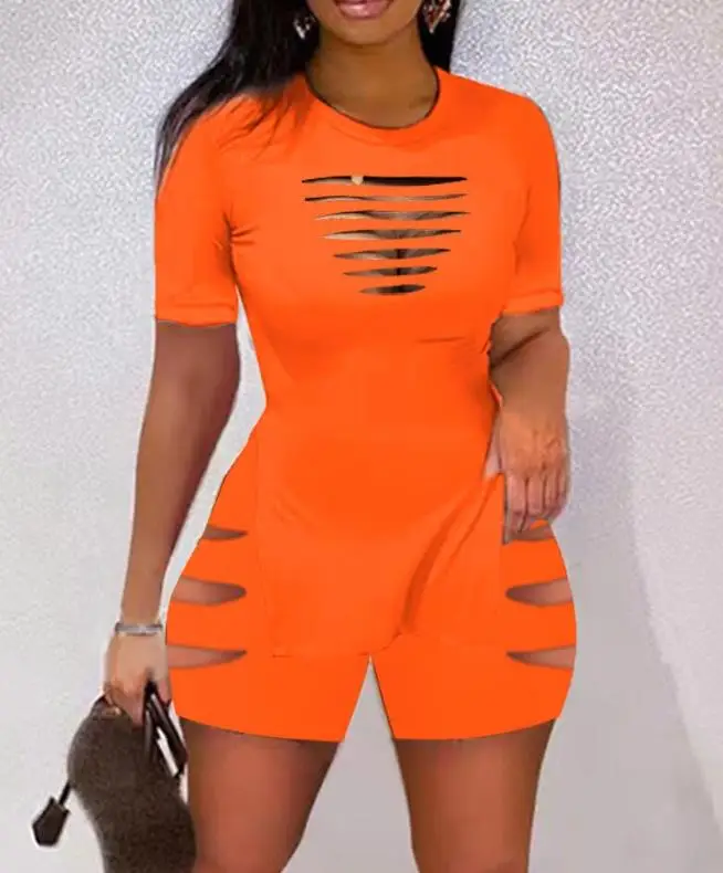 

Y2K Fashion Sexy Women's Two Piece Casual Commuter Crew Neck Cutout Split Hem Top&Shorts Set Office Apparel 2023 Summer New OTTD