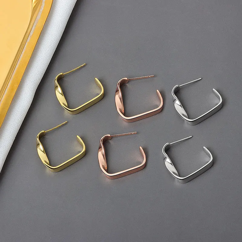 

925 Sterling Silver Earrings Charm Women Trendy Fine Jewelry Vintage Simple Rose Gold Color Square Shape Party Accessories Gifts