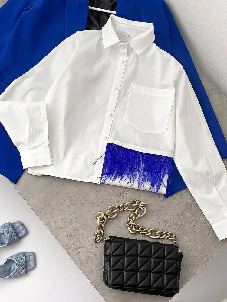 Элегантные топы женская комбинированная зеленая пушистая белая рубашка 2022