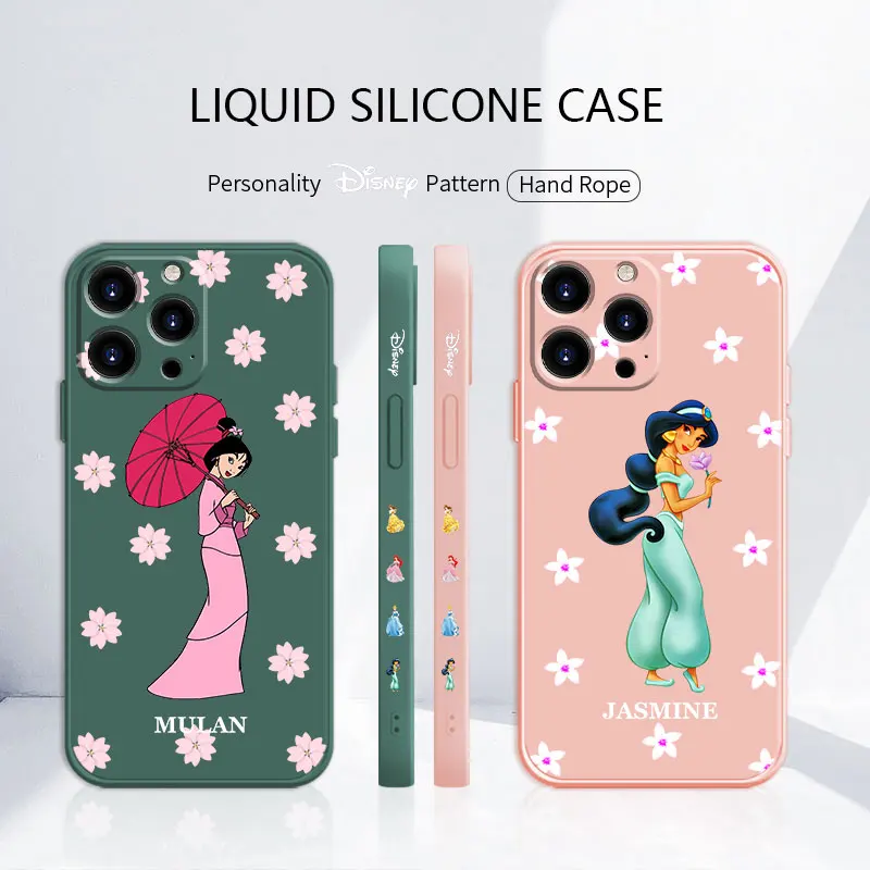 

Disney Princess Mulan Jasmine Lovely Luxury Liquid Coque Case for iPhone 11 12 13 Pro Max XS 7 8 Plus SE Celular Silicone