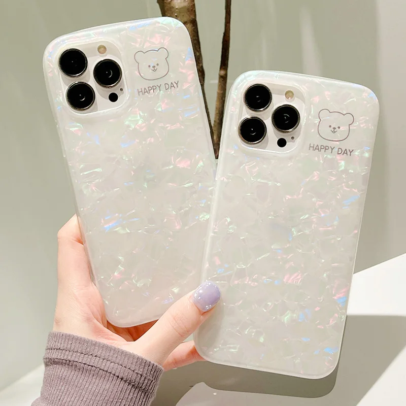 

Fashion Shell Pattern Cute Bear Head Small Heart Phone Case For iPhone 13 Pro Max 12 11 XR X XS Max 7 8 Plus SE2022 Soft Cover