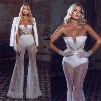 2 pcs evening dresses jumpsuit with blazer prom dress sequins pearls sexy illusion custom made satin party gowns robe de mari%c3%a9e