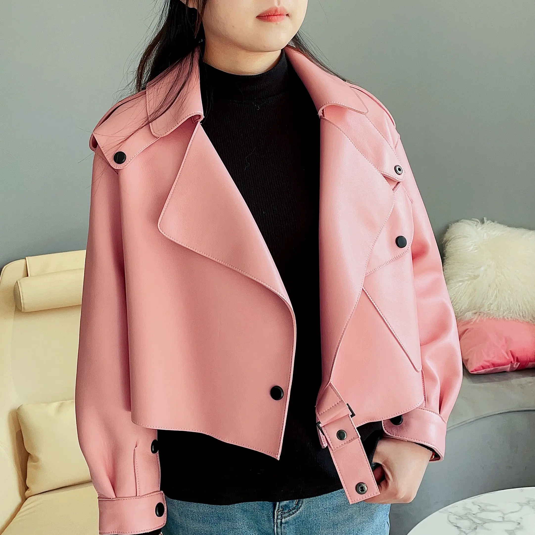 JANEFUR Genuine Leather Jacket Women 2023 Fashion Casual Short Female Pink Sheepkskin Coat with Belt enlarge