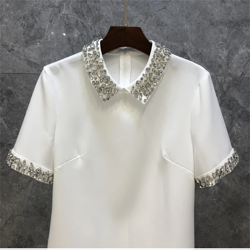 

Женское Брендовое элегантное платье-трапеция, черно-белое платье мини с коротким рукавом и воротником из бисера, осень 2021