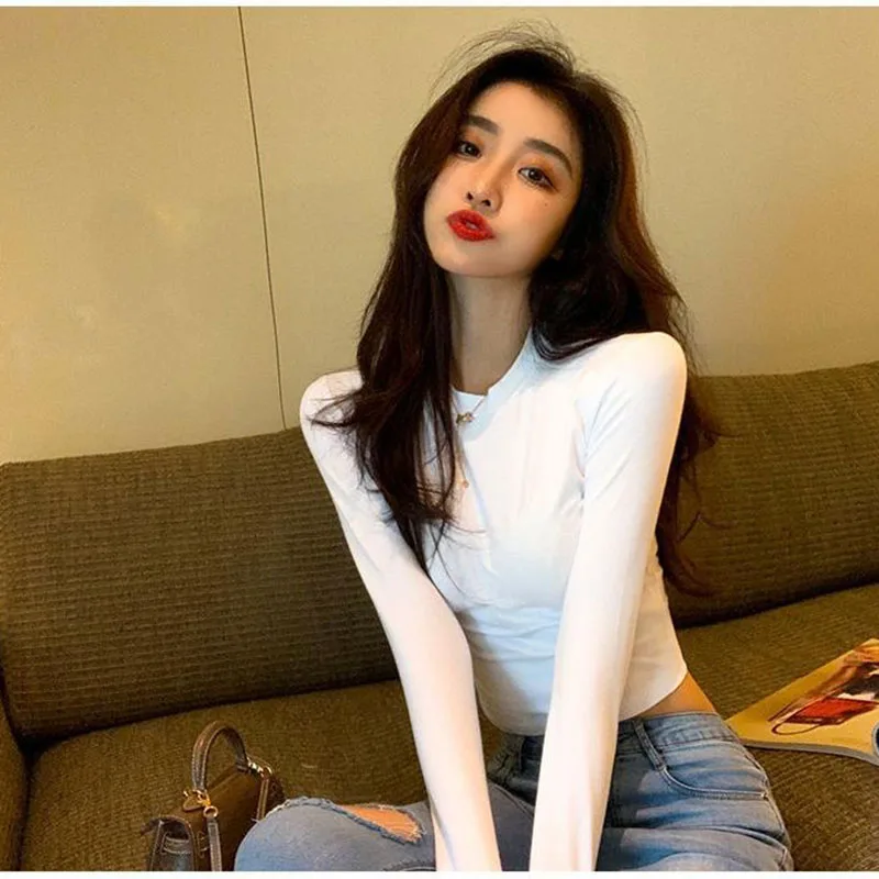

Newest Arrival Women Spring Solid Half Turtleneck Long Sleeve T-Shirts Cropped Tops Ladies Slim Casual T Shirts All Match