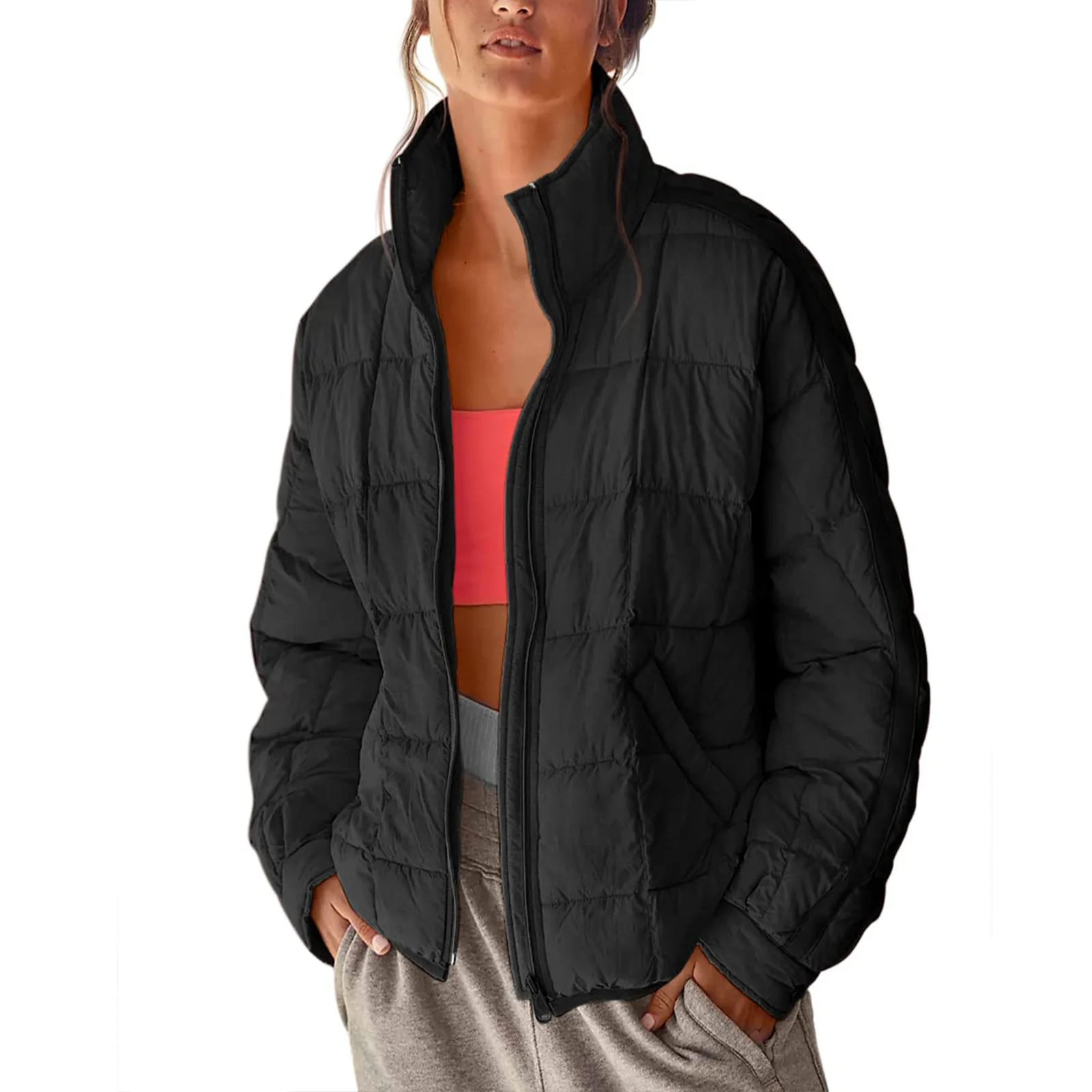Autumn and Winter New Women's Dress Solid Color Zipper Coat Casual Button Cotton Jacket Pocket Top Women