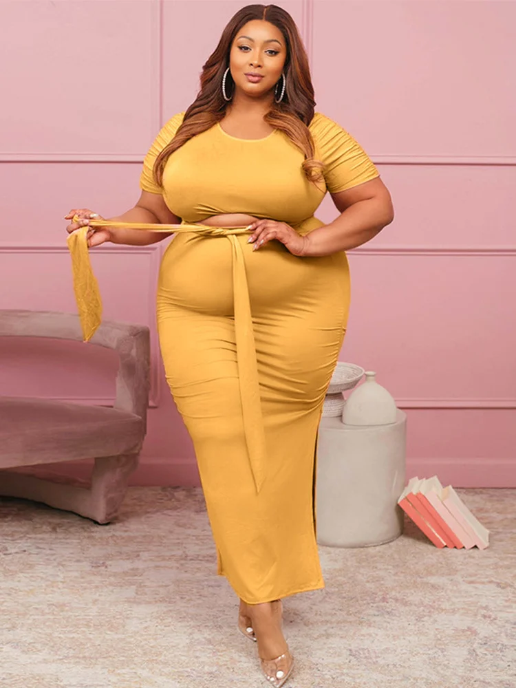 Plus Size Women Clothing Summer Outfit O-neck Top Two Piece Dress Set Ladies Sexy Slit Skirt Set Wholesale Bu 3xl 4xl 5xl 6xl
