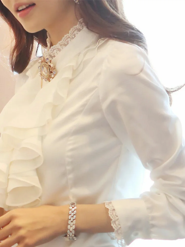 Shirts Women's Spring/Autumn/Winter Lace Stand Collar Imitation Long sleeve Fleece-lined Slimming Professional Frill B...