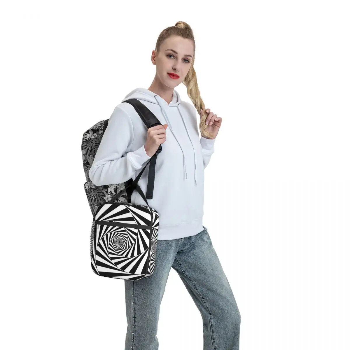 

Black And White Eyes Optical Illusion Lunch Bag Spiral Modern Abstract Pearl Cotton Cooler Bag Elegant Clutch Office Thermal Bag