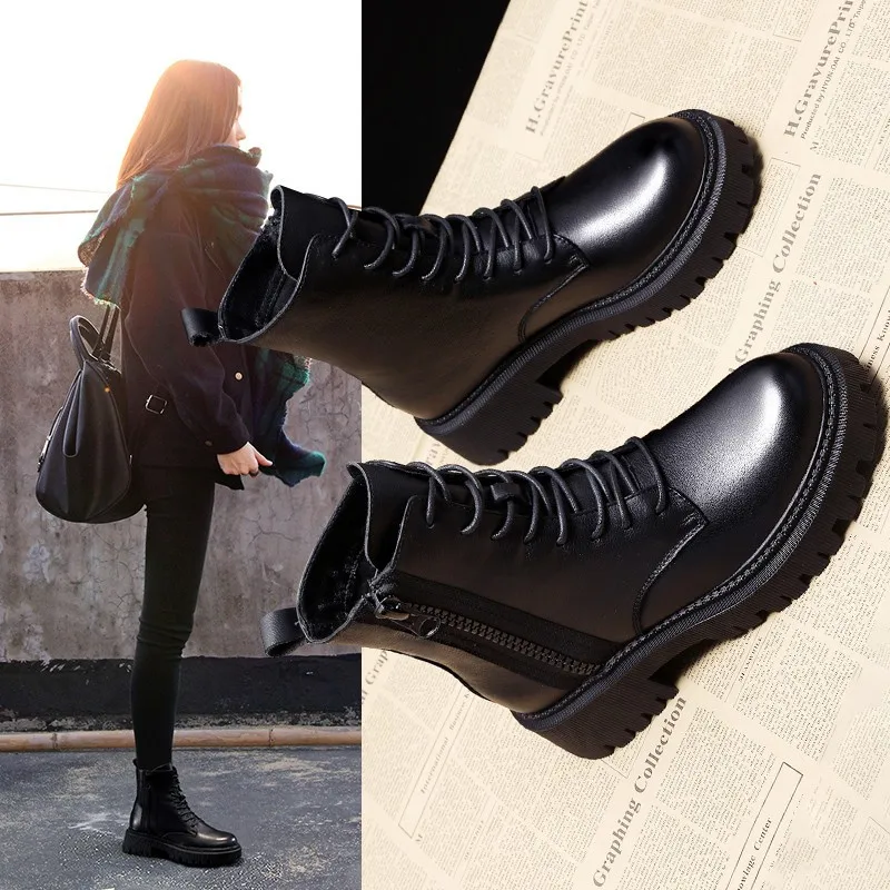 

Autumn and winter new casual zipper lace up Plush Martin boots wear-resistant fashion women's shoes