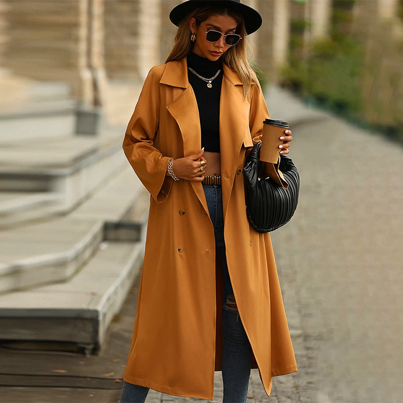 2022 Autumn Winter Fashion Deep Khaki Color Long Sleeve Double Breasted Belted Drapery Calf Length Long Trench Coat for Women