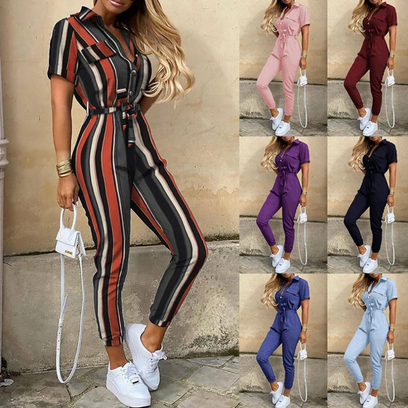 Women Casual Work Out Playsuits Overalls Cargo Pants Lapel Button Grace Belt Jumpsuits Lady Short Sleeve Playsuit Rompers