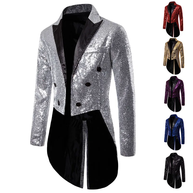 

Double Men's Shiny Suit Tailcoat Tuxedo Glitter Gold Sequins Jacket Stage Party Costume Blazer Groom Male Breasted Wedding Men's
