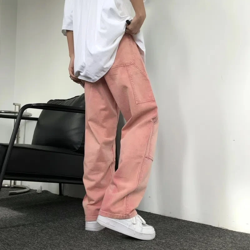 Korean Version Fashion Personality Street Loose High Waist All-Match Men Straight Pants Light Pink Washed Denim Casual Trousers