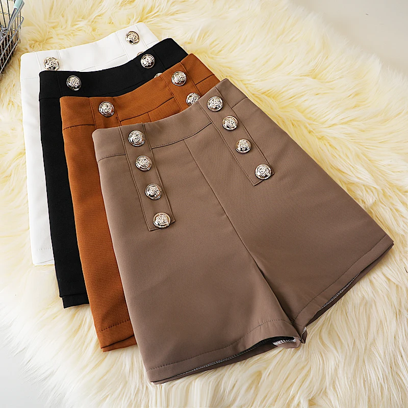 

Шорты женские с завышенной талией, модные штаны с широкими штанинами, повседневные двубортные Брюки с карманами в ретро стиле, большие разм...