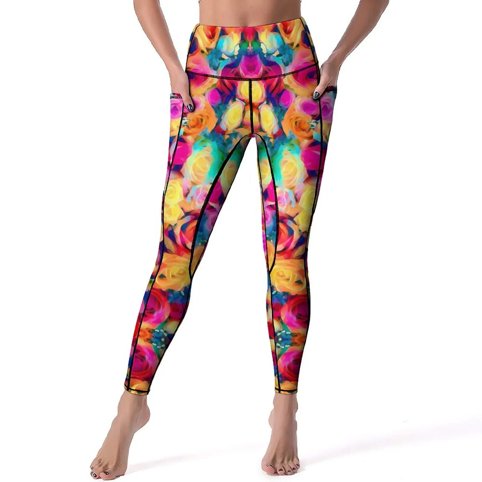 

Colorful Rose Yoga Pants With Pockets Bouquet Print Leggings Sexy High Waist Casual Yoga Sports Tights Stretch Work Out Leggins