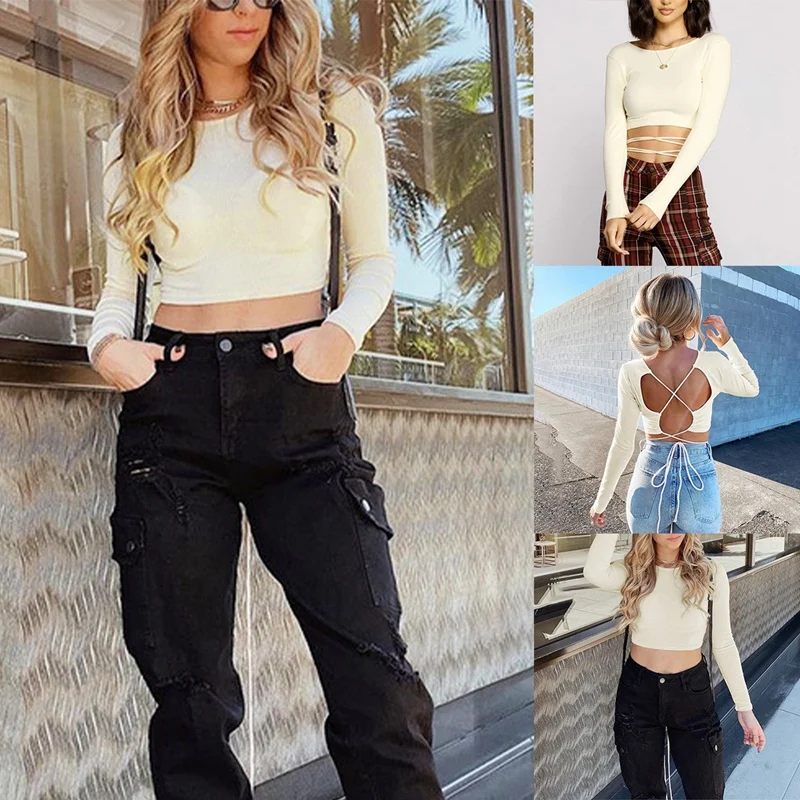 

Сексуальная футболка с открытой спиной, укороченные топы с длинным рукавом и завязкой, повседневные топы, футболка