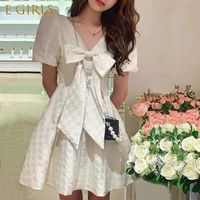 e girls french short sleeve elegant casual womens dresses party bow design sweet vintage dress one piecce dress korean chic