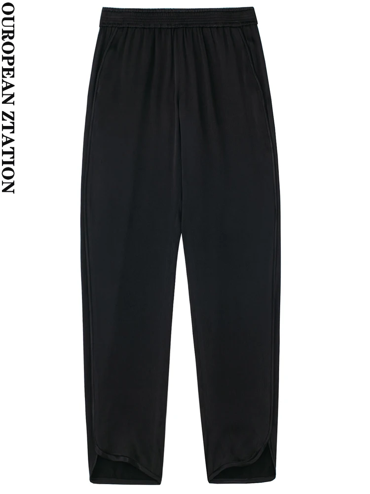 

Женские атласные брюки PAILETE с боковыми карманами и разрезом на подоле, винтажные брюки с высокой талией и эластичным поясом, 2022