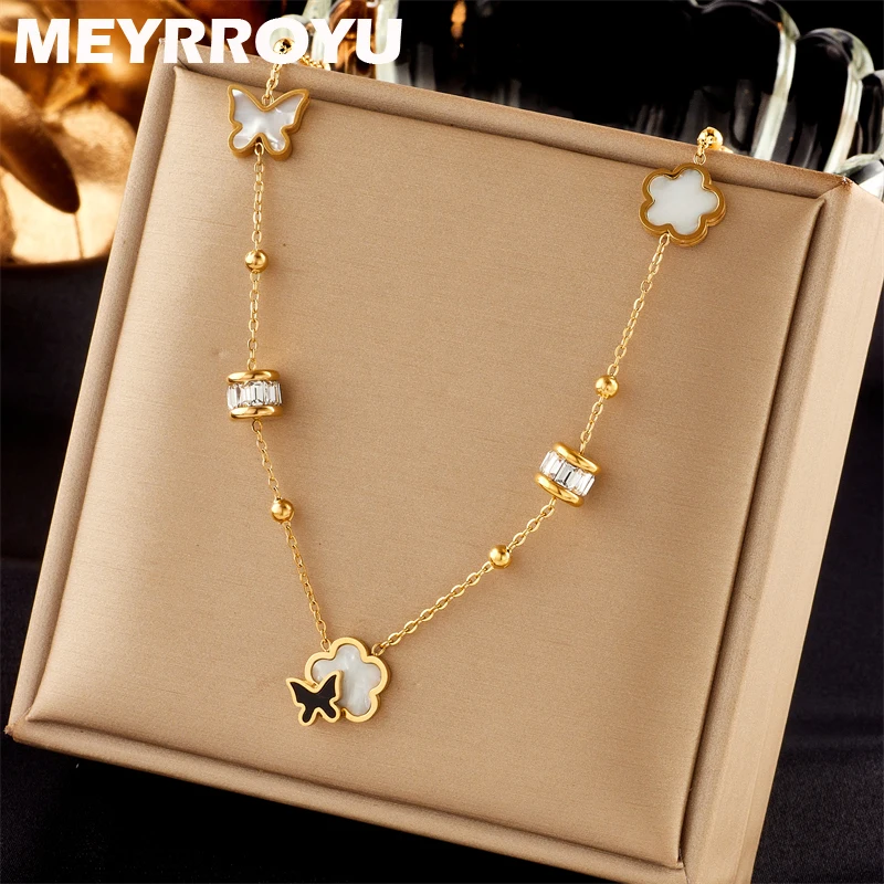 

MEYRROYU 316L Stainless Steel Vintage Butterfly Cloud Zircon Pendant Choker Necklace For Women Party Gift Collier Accessories