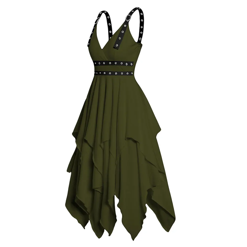 

Dressfo Green Women Dress Summer High Waist Asymmetrical Casual Midi Dress Autumn Adjustable Strap Layered Sleeveless Dresses