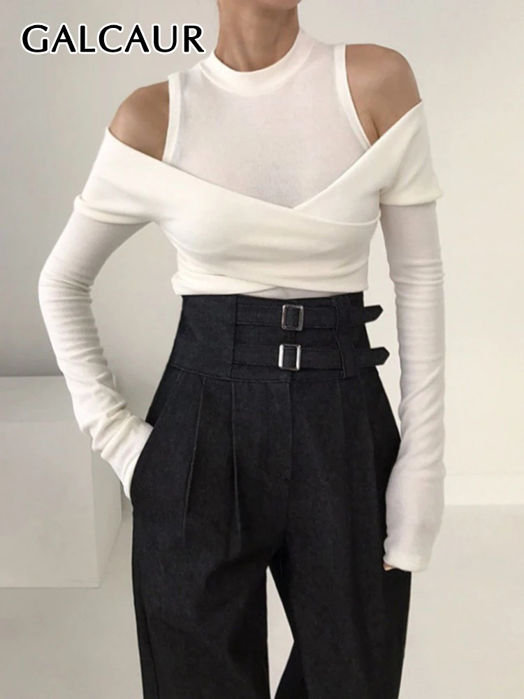 

GALCAUR Off Shoulder T Shirts For Women Round Neck Long Sleeve Korean Slimming Crisscross Spring Solid Chic T Shirt Female New