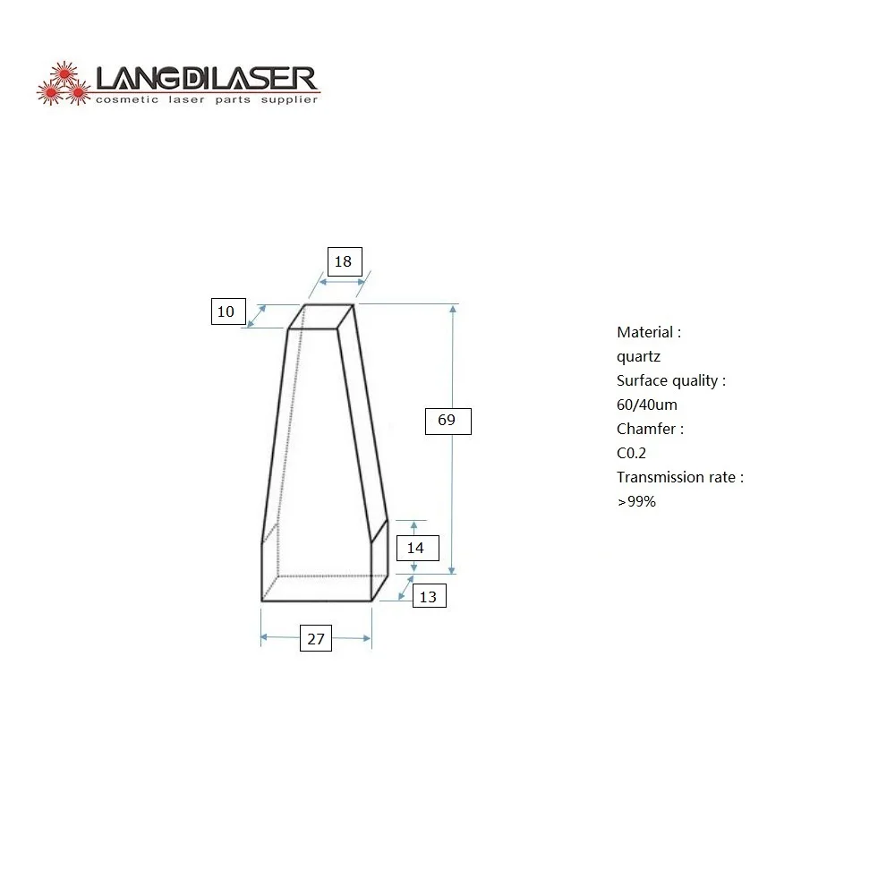 Size : 69(14)*27(18)*13(10)mm / Diode Laser Prism Crystal As Material : Quartz / With  AR@808nm Film Coating