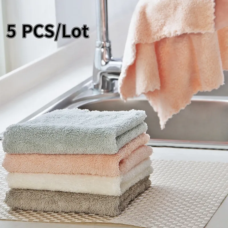 

5 Pcs Cleaning Cloth Towel Repeated Coral Fleece Rag Wipe Pot Dish Household Kitchen Non-Stick Oil Thickened Absorbent Hair Tool