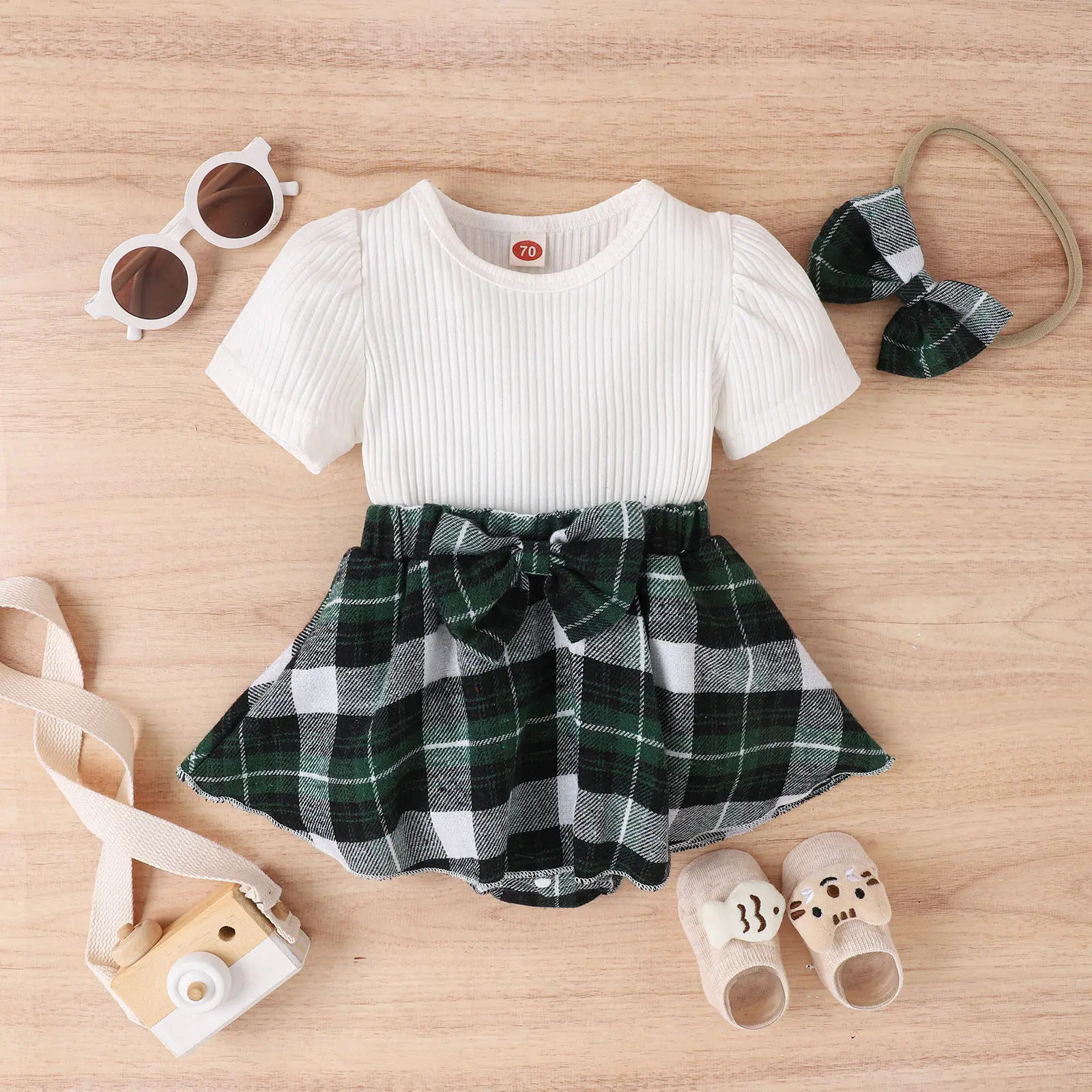 Infant Baby Girls Jumpsuit Spring Summer College Style Short Sleeve Plaid Skirt Neonatus Baby Girls Romper 0-12M Sweet Outfits