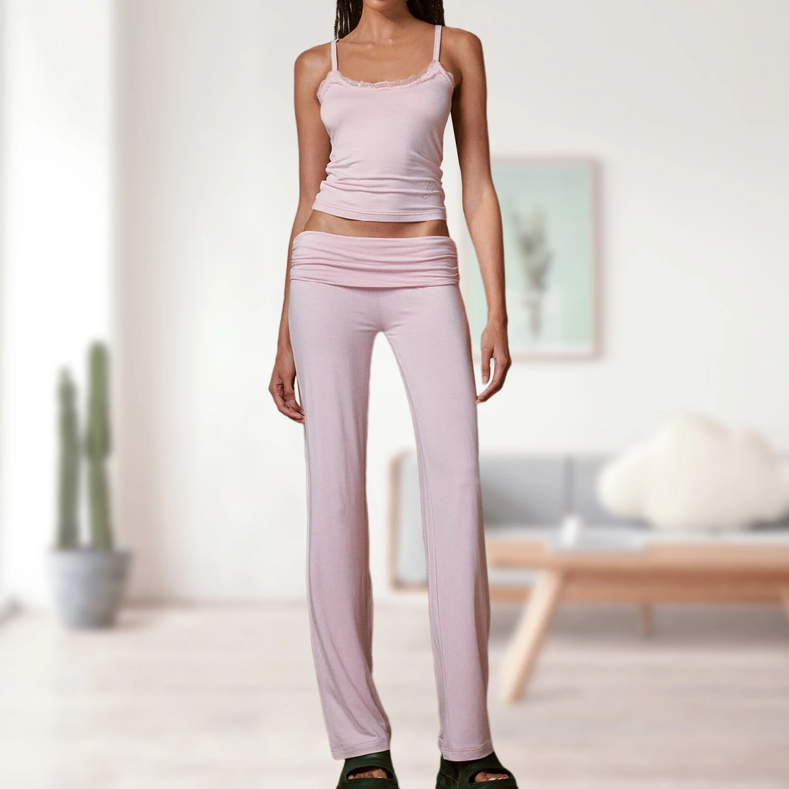 

Women's Two Piece Spaghetti Strap Lace Top And Long Pant Slim Fit High Waisted Solid Color Y2K Style Vacation Two Piece Suits