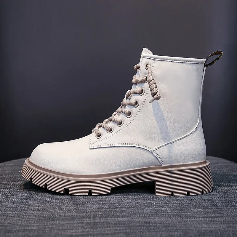 Beige Combat Boots For Women Platform Motorcycle Boots 2022 New Fashion Lace Up PU Leather Short Ankle Boots Female Designer