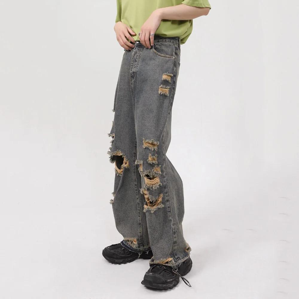 Men's Summer Casual Jeans Men's New Korean Style Fashion Personality Straight Hole Men's Trousers Retro Trousers INS Hot Sale