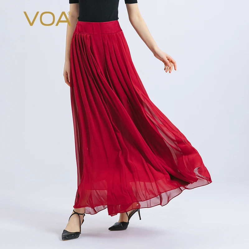 

VOA Silk Georgette Red Woman Skirts Middle Waist Pleated Age-reducing Double-layer Elegant Fairy Skirt Faldas юбка женская CE157