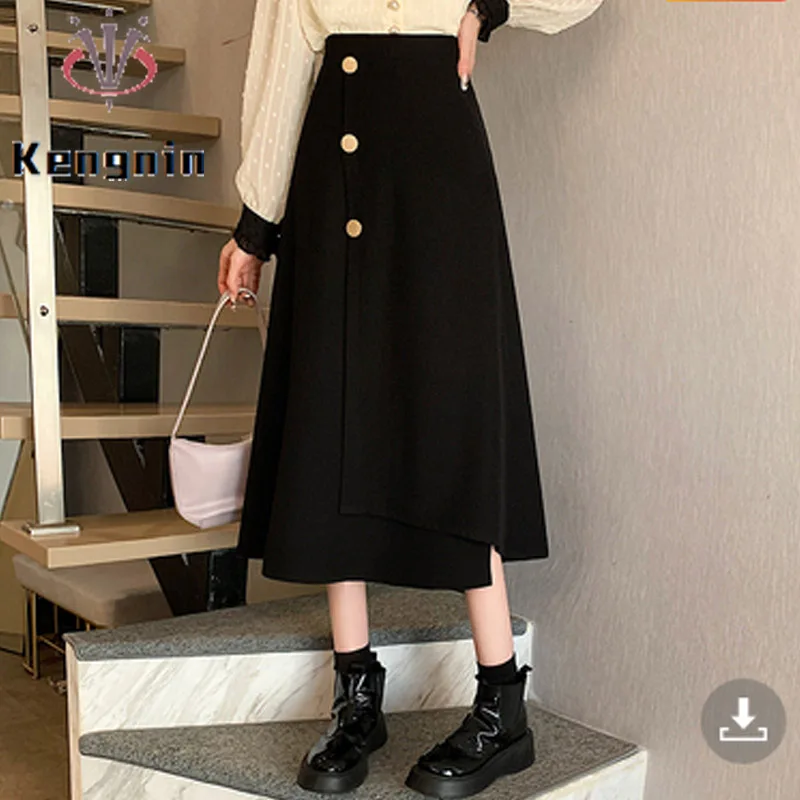 

Autumn Plus Size 5XL Women Clothing 2022 Suit High Waist Female Skirts Office Lady Work Bottom Button Design Black Skirts KE3119