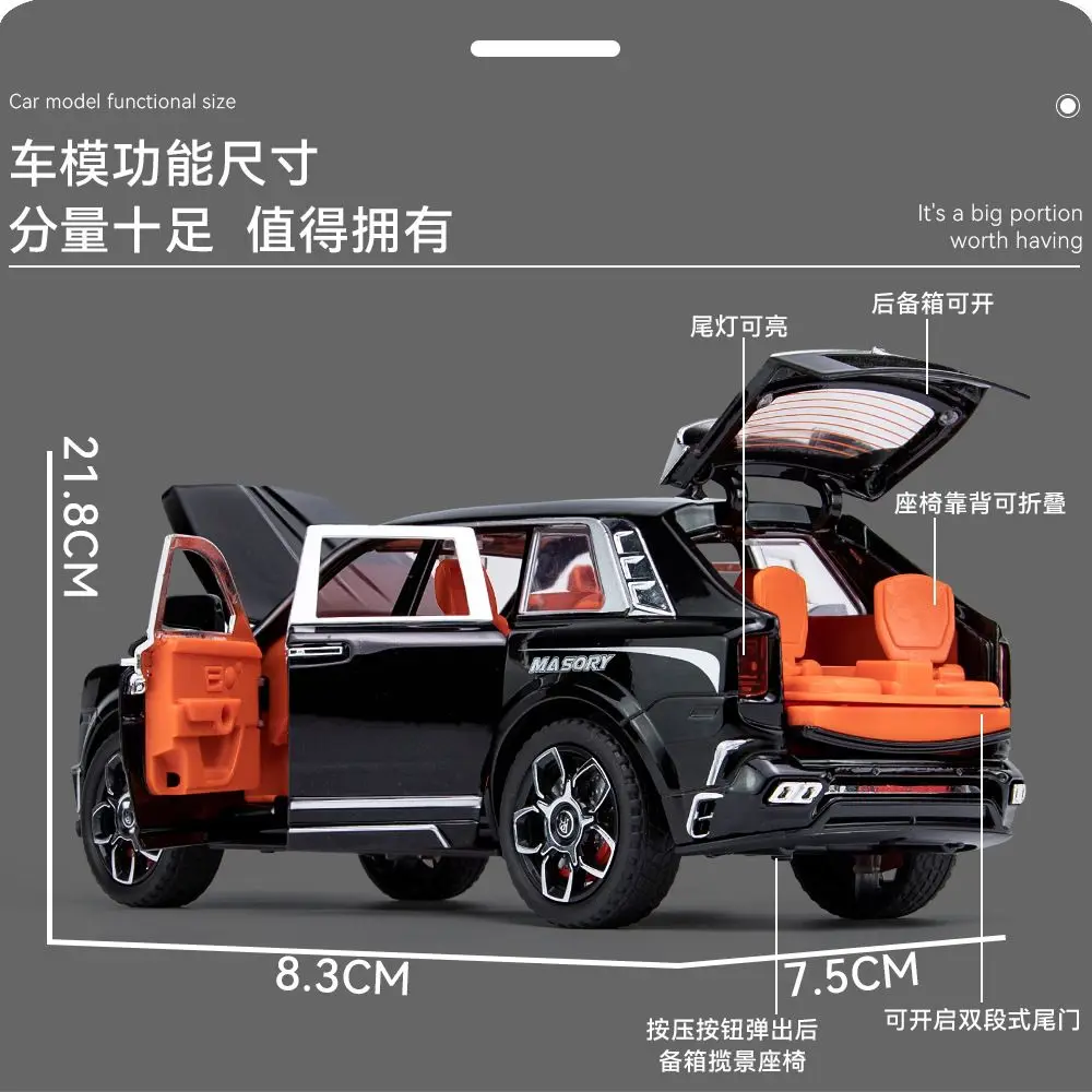 Фото Машинка-модель Rolls Royce Cullinan Mansory 1:24, внедорожник из сплава, шесть открывающихся деталей, полноприводный, с амортизаторами, рулевым управлением, светом и звуком, для настольного дисплея, подарок №2