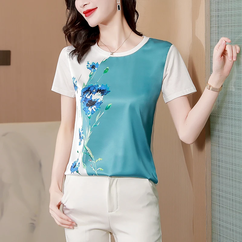 

Poplin O-Neck Women's T-shirt Summer Flower Stitching Short Sleeve Tees New Korea Fashion Regular Casual Tops