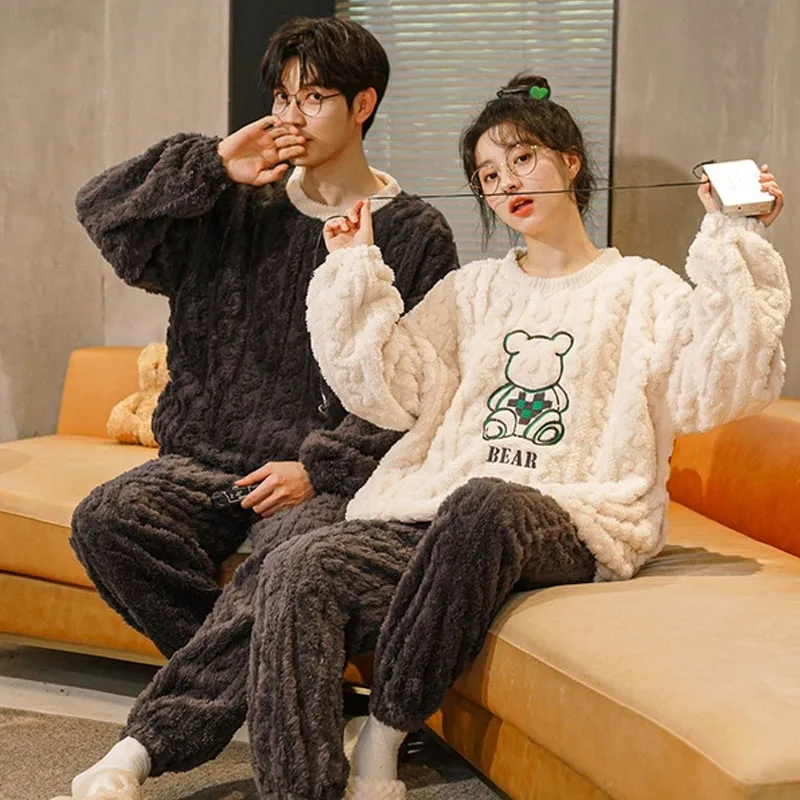 

QUHENG 2022 Winter Couples Pyjamas Sets Women Man Thicken Hoodies Pajamas Cartoon Lovers Soft Warm Women Homewear Sleepwear Set