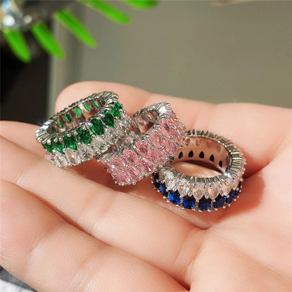 

Роскошные трендовые обручальные кольца для женщин синие/зеленые/розовые каплевидные высококачественные серебряные кольца с фианитами эффектные ювелирные изделия